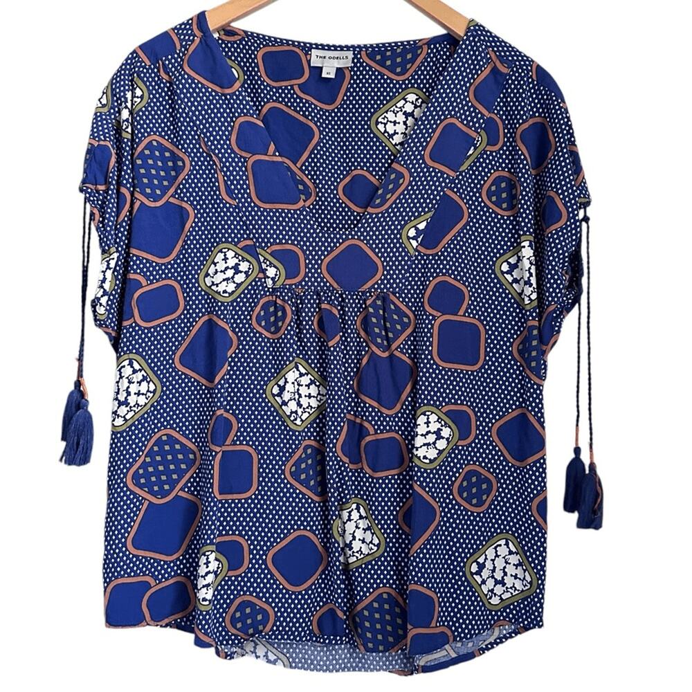 The Odells Boho Geometric Tassel Sleeve Blouse Top XS Blue White Abstract V-Neck